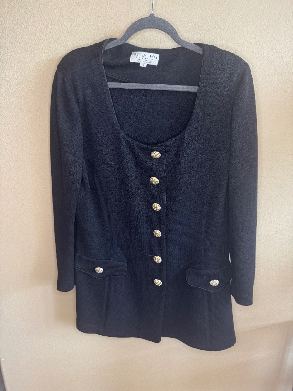 St John Evening Black Jacket Crystal Rhinestone Buttons Size 16